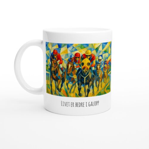 Keramisk krus med kubistisk hestemotiv, ryttere i fargerike hjelmer, tekst: "Livet er bedre i galopp".