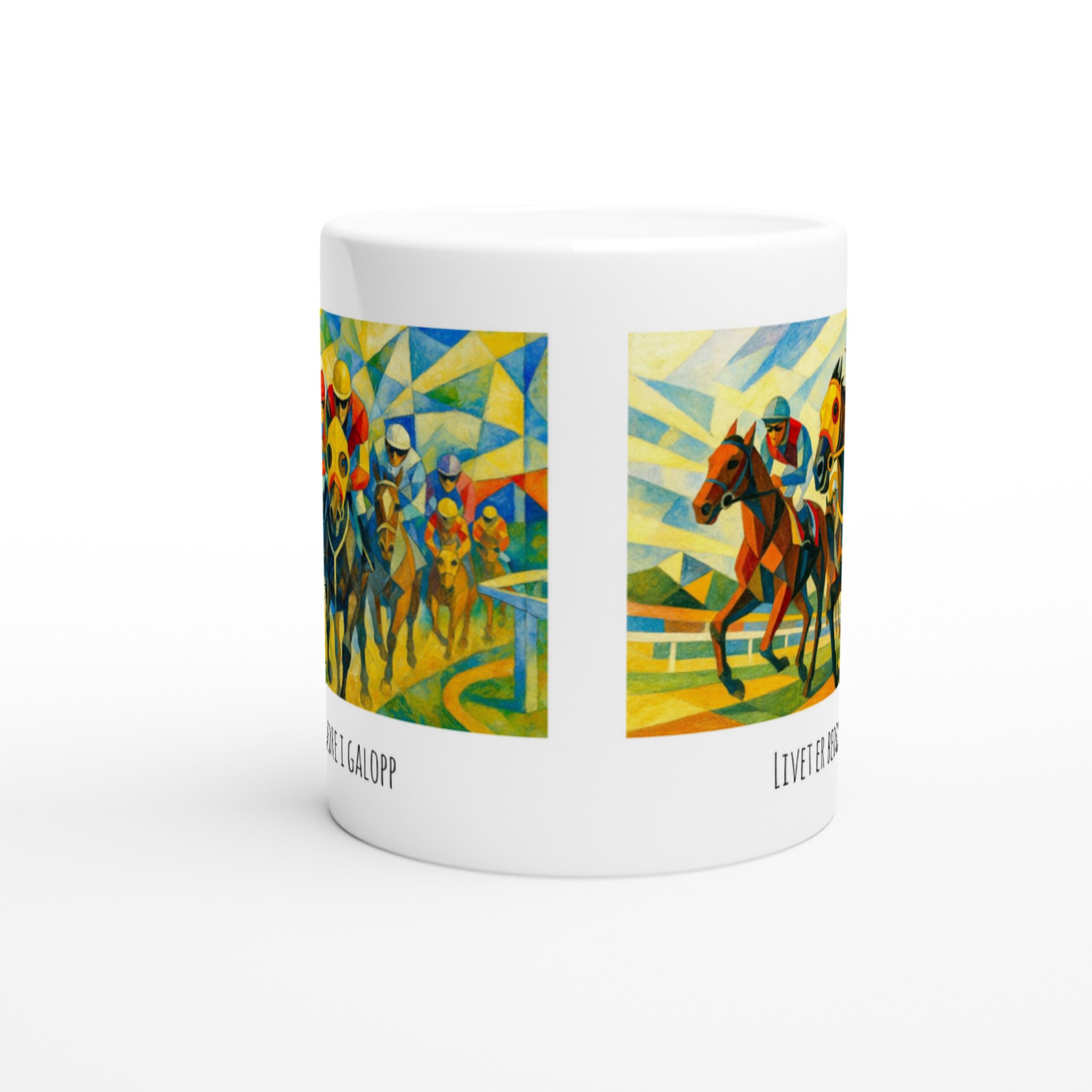 Keramisk krus med kubistisk kunst: hester som galopperer i livlige farger, med teksten "Livet er en galopp" under den høyre siden.